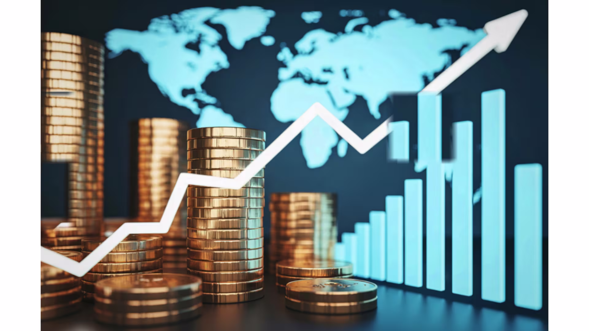 Stacks of gold coins with a rising line graph and bar chart in front of a world map, symbolizing global financial growth.