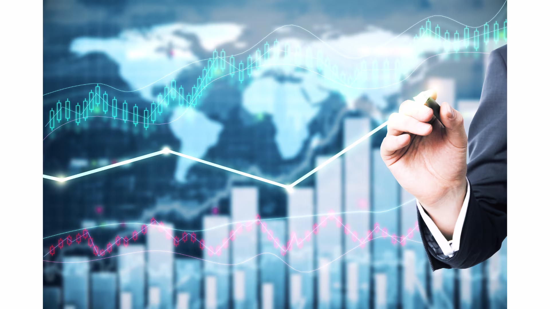A person in a business suit draws an upward financial line over a world map background, surrounded by glowing charts and candlestick patterns representing global market growth.