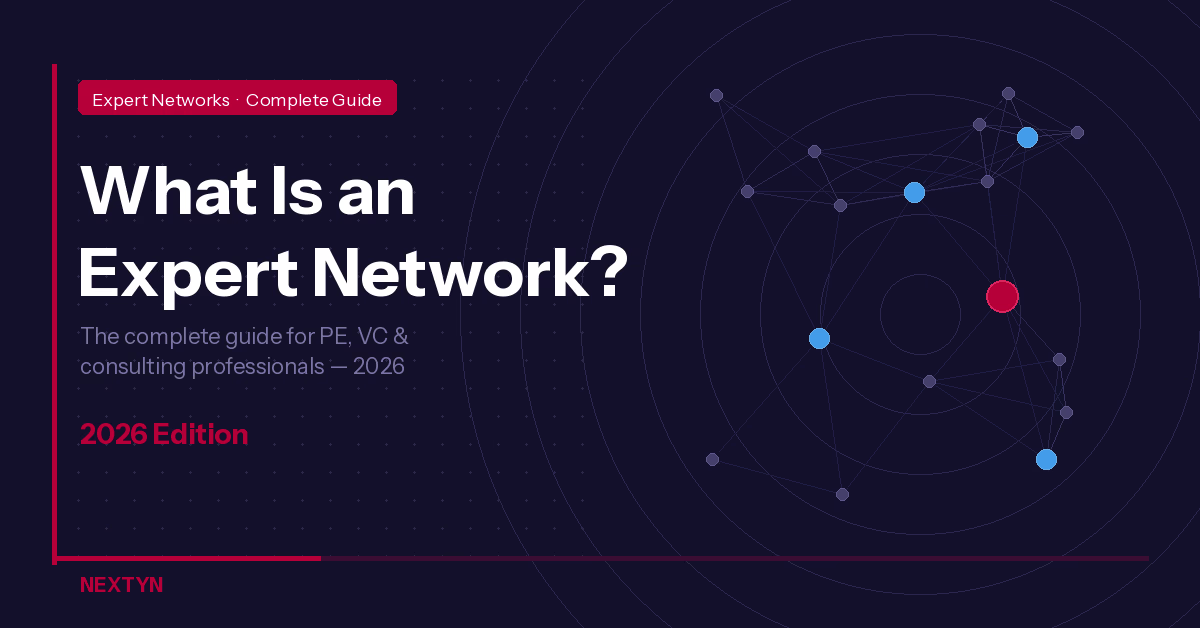 Dark navy promotional banner for Nextyn’s 2026 guide titled “What Is an Expert Network?”, designed for PE, VC, and consulting professionals, with a network-style node graphic on the right.