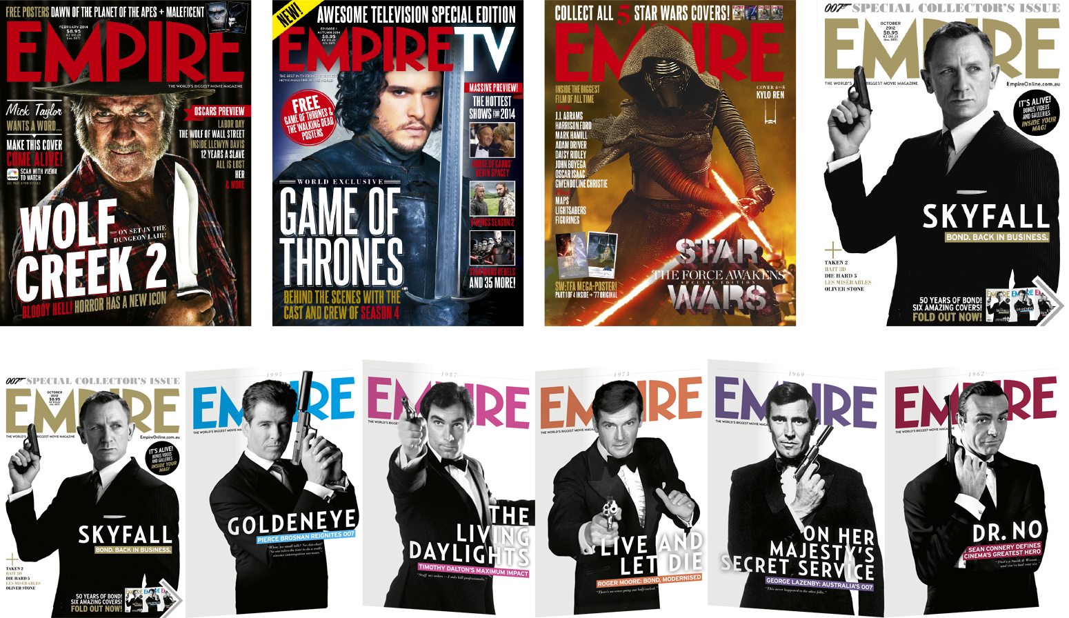 Empire award winning covers including Bond cover featuring a gatefold of all the Bond actors in character