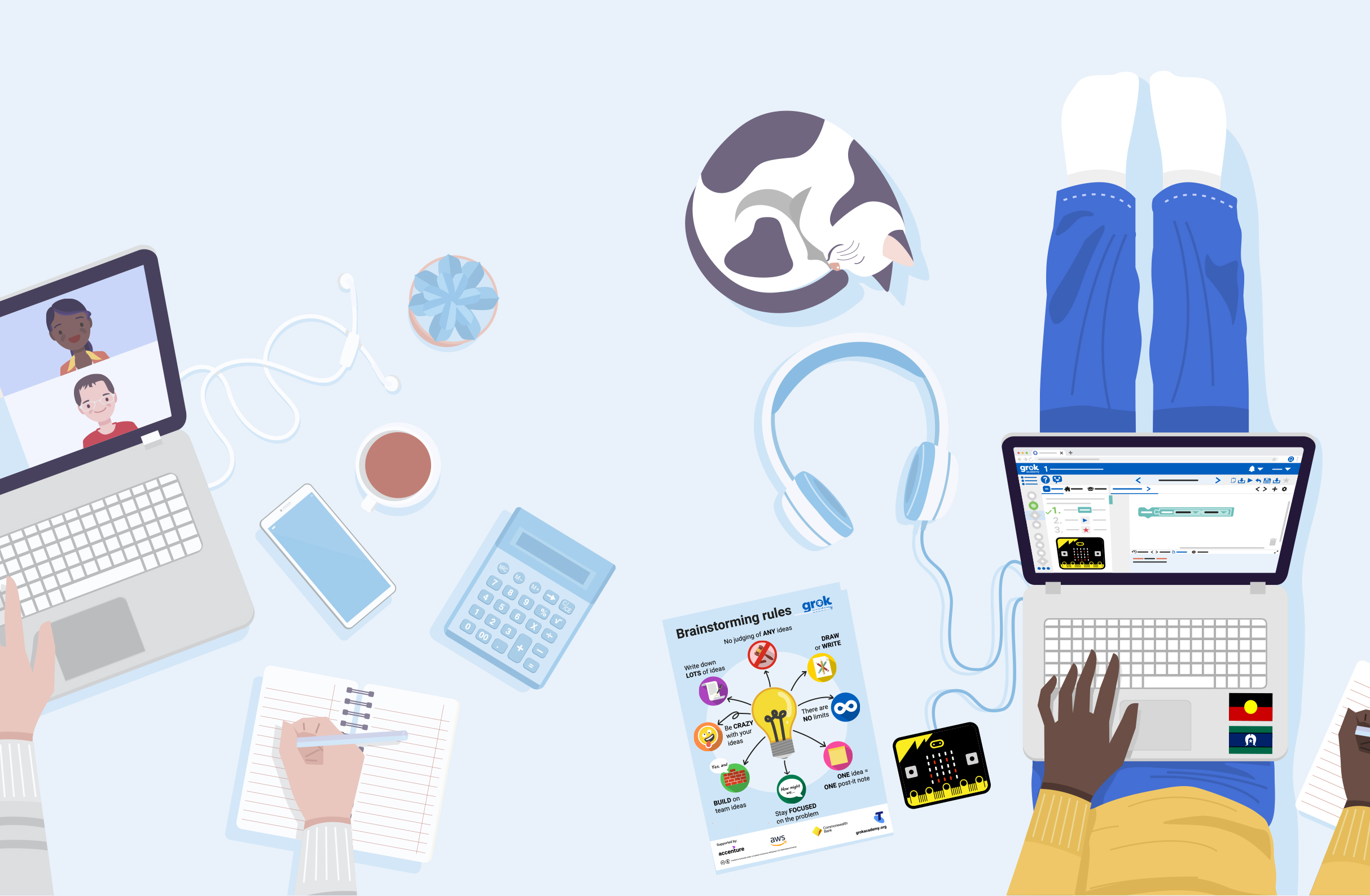 Grok Academy home page illustration feature a user watching a Zoom info sesssion and another user doing a Microbit course on the Grok Academy platform. A poster on brainstorming rules and cat curled up is beside them.
