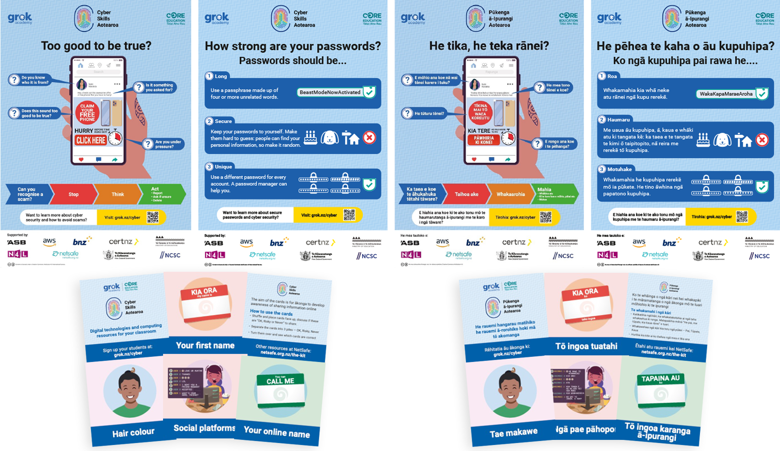 Cyber NZ posters and cards in English and te reo Māori