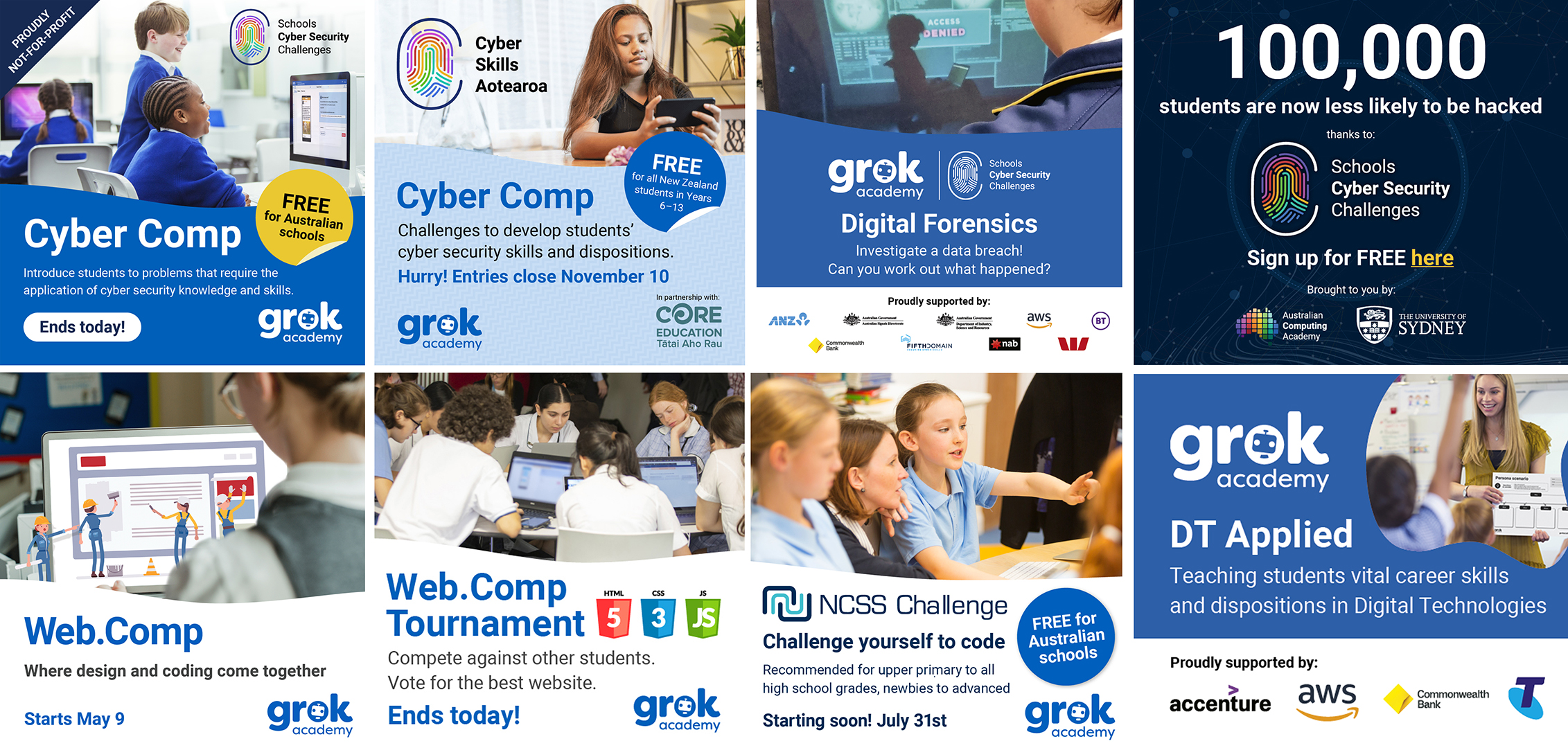 Socials targeting school sign ups to Grok's yearly Cyber,  Web, coding and DT Applied Challenges