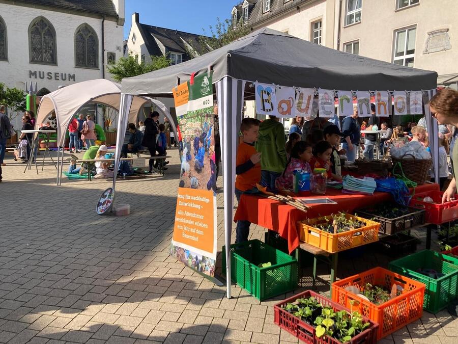 Bild vergrößern: Marktstand auf dem Attendorner Marktplatz.