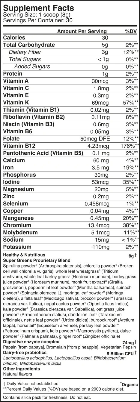 Live it Up Supergreens Supplement Fact table