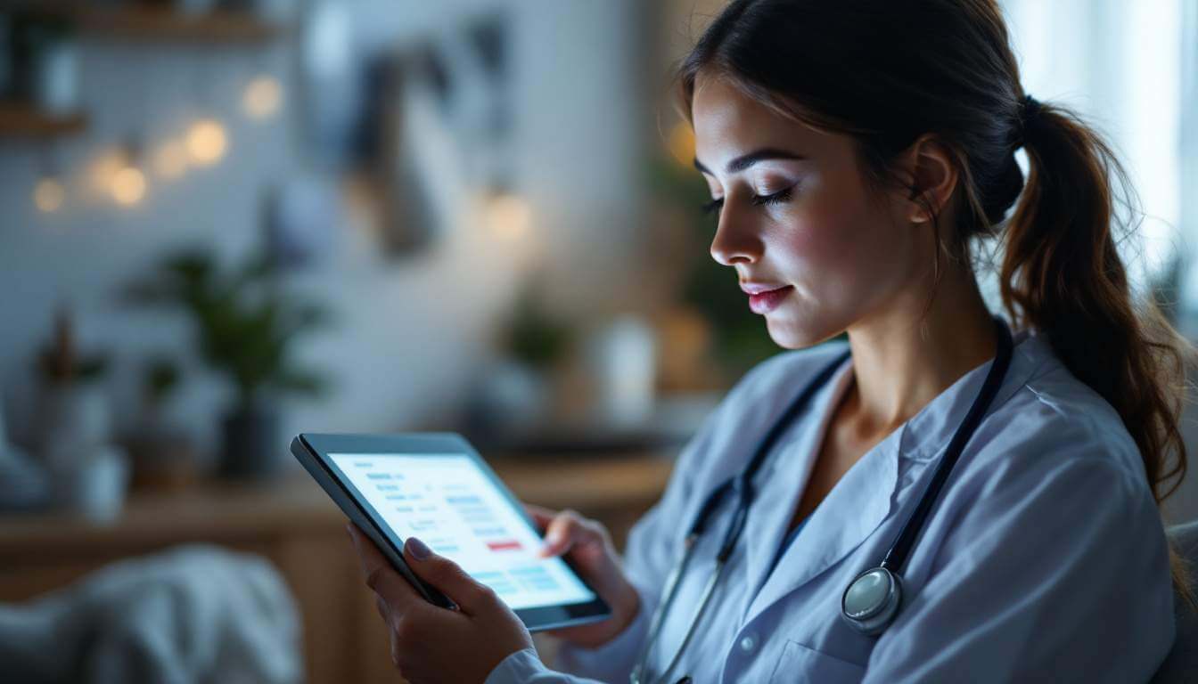 A woman wearing a stethoscope looking at a tablet