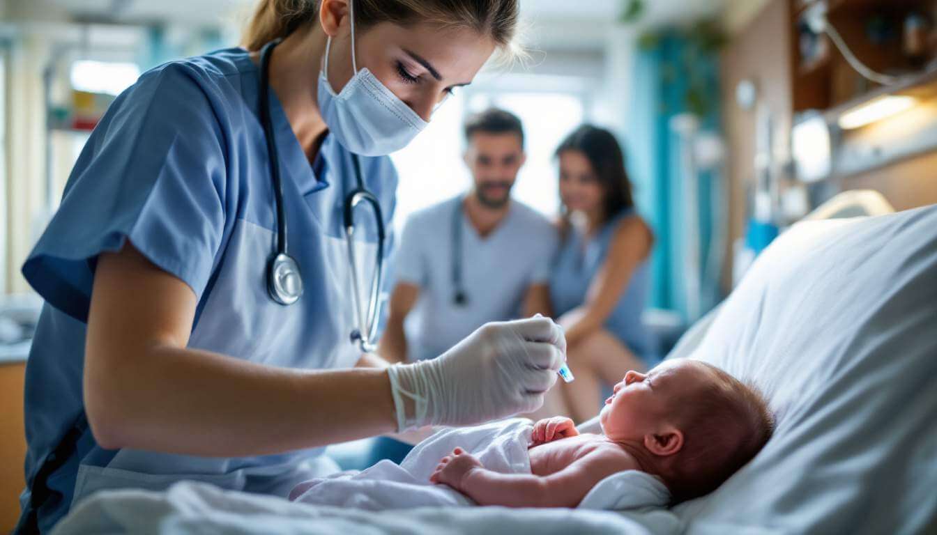 A nurse tending to a baby in a hospital bed