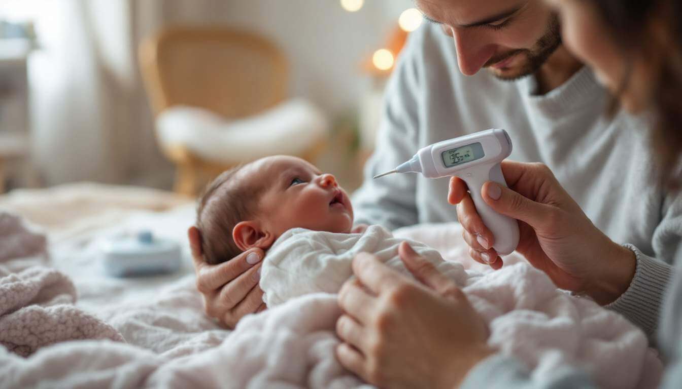 A man holding a thermometer next to a baby