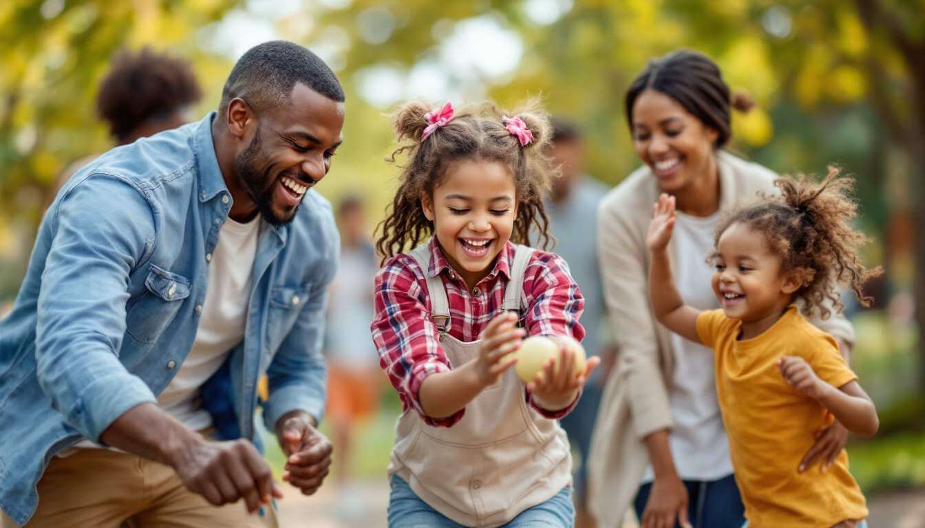A group of people playing with an apple