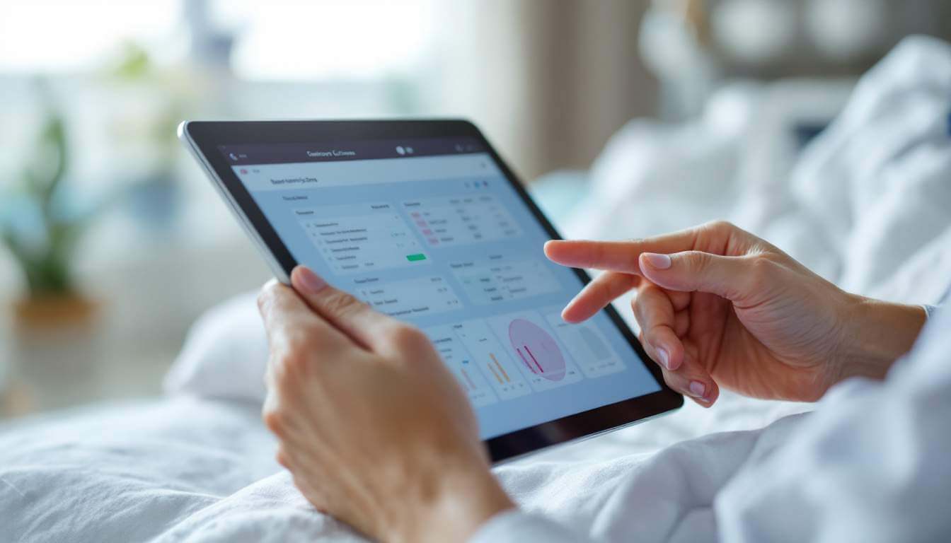 A person using a tablet on a bed