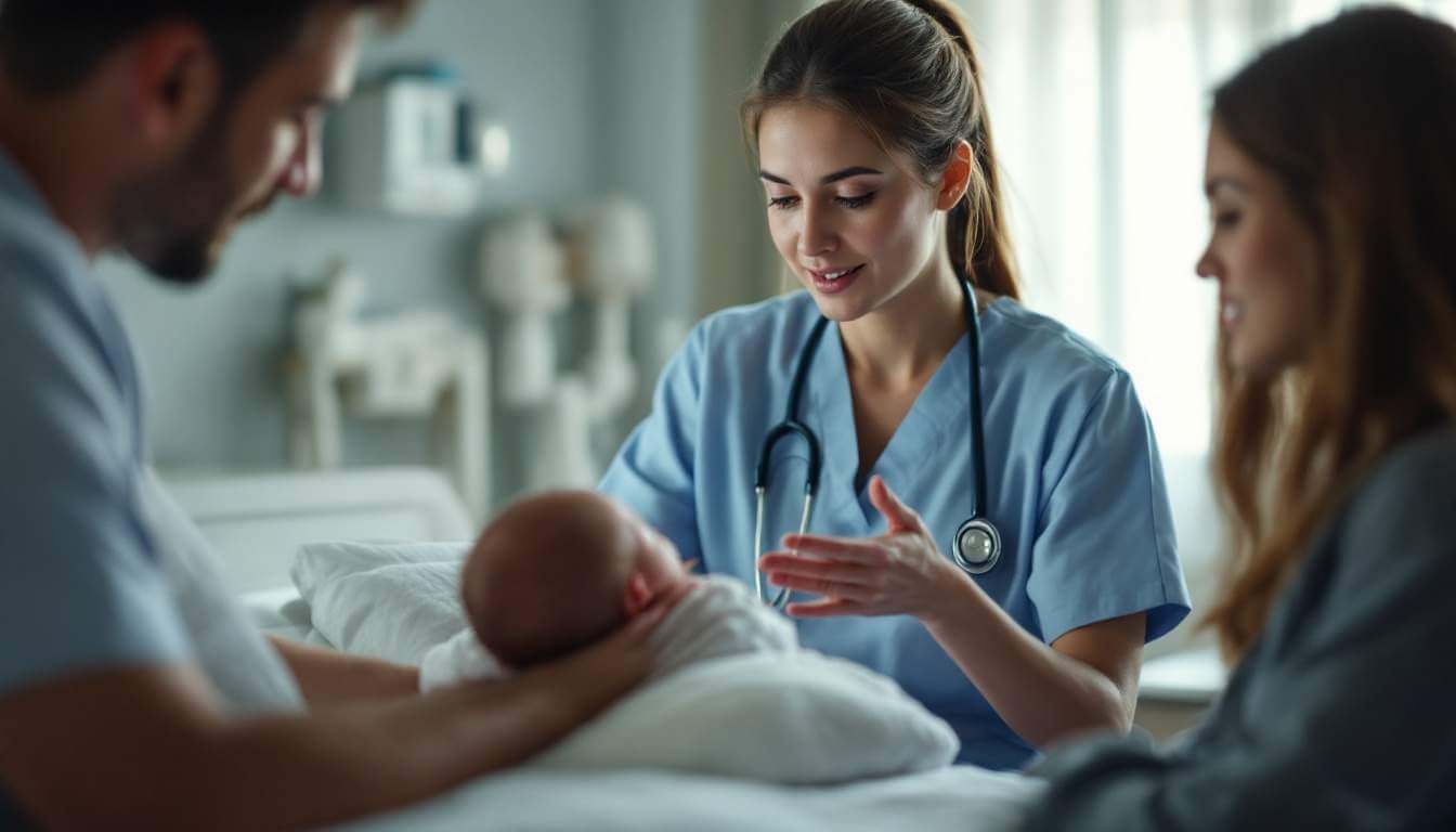 A nurse holding a baby in a hospital bed