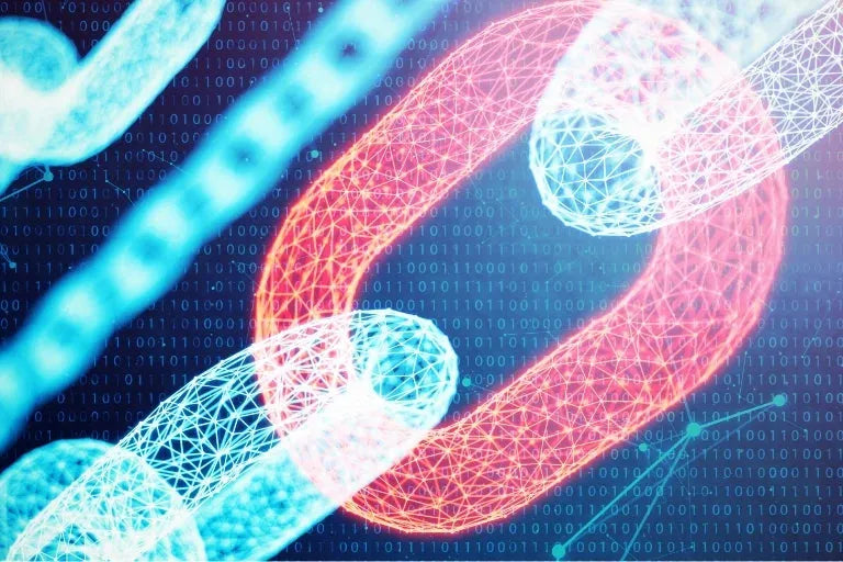 A computer screen with a red and blue link on it