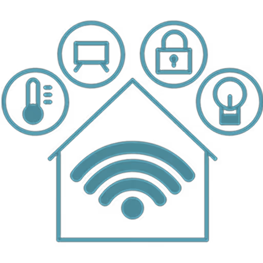 Haus mit WLAN-Symbol und Kreisen oben mit Symbolen für Thermometer, Bildschirm, Schloss und Glühbirne, die Smart-Home-Technologien darstellen.