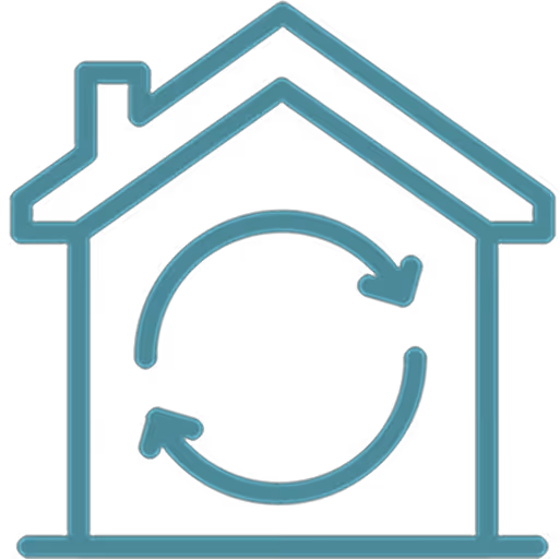 Haus mit zwei kreisförmigen Pfeilen innen, die eine Synchronisation oder Aktualisierung symbolisieren.
