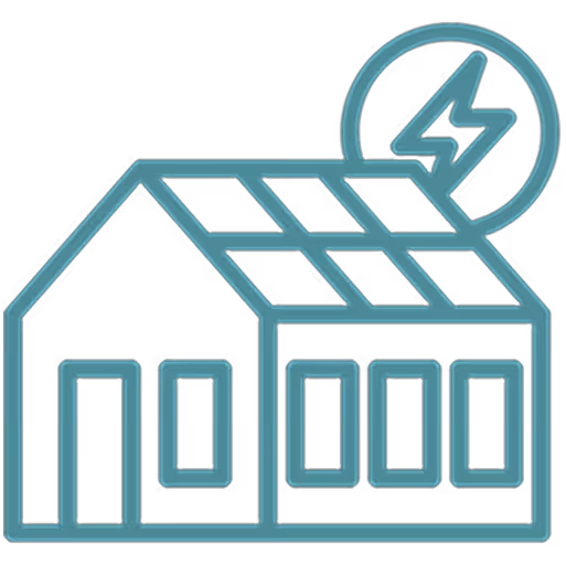 Haus mit Solarpaneelen auf dem Dach und einem Elektrizitätssymbol über dem Dach.