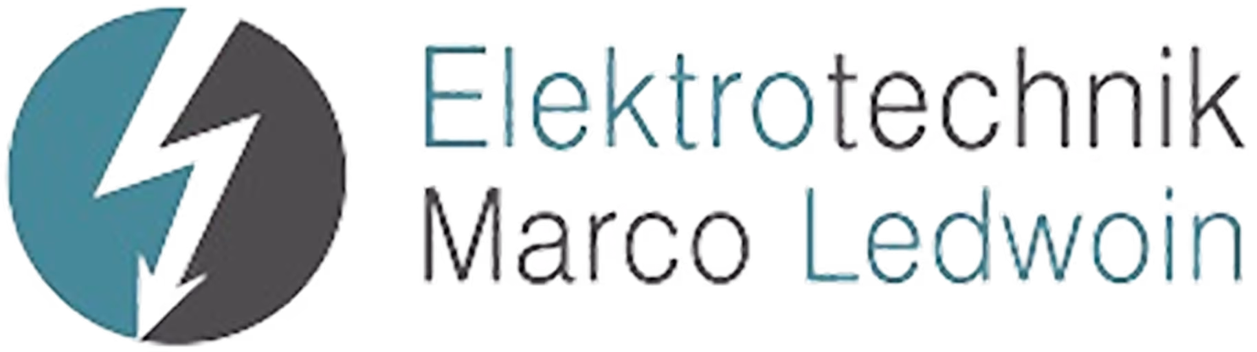 Elektrotechnik Marco Ledwoin Firmenlogo mit einem stilisierten Blitz in einem Kreis.