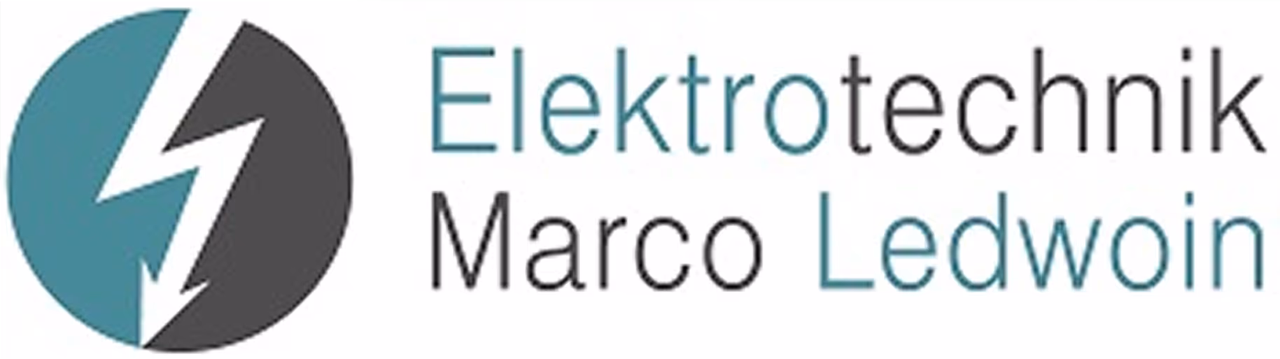 Logo mit einem Kreis, der in zwei Hälften geteilt ist, links türkis und rechts dunkelgrau, mit einem weißen Blitz in der Mitte, daneben der Text 'Elektrotechnik Marco Ledwoin'.