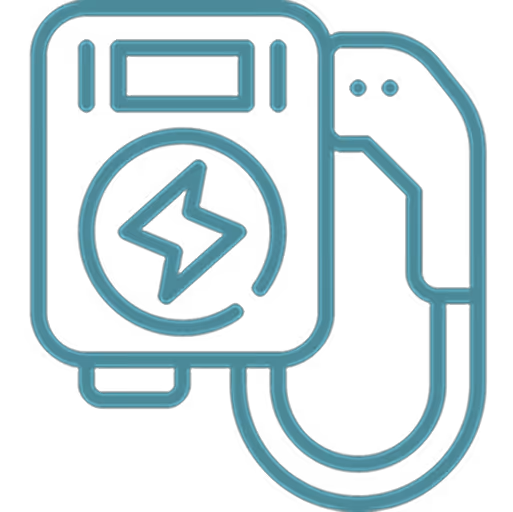 Symbol eines elektrischen Ladestationsgeräts mit einem Blitz in der Mitte und einer angeschlossenen Ladekabelpistole.