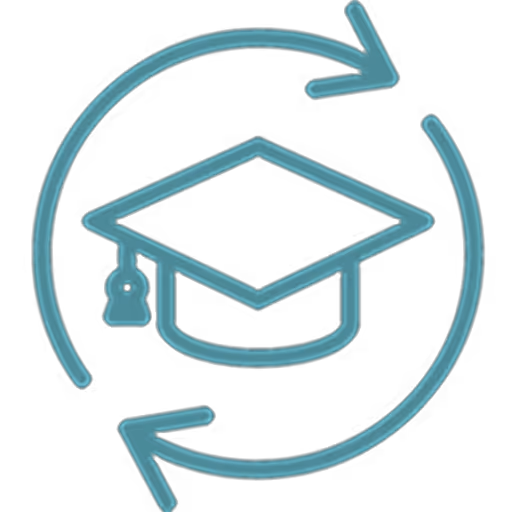 Symbol eines Absolventenhuts, umgeben von einem kreisförmigen Pfeil, der kontinuierliches Lernen oder Weiterbildung darstellt.
