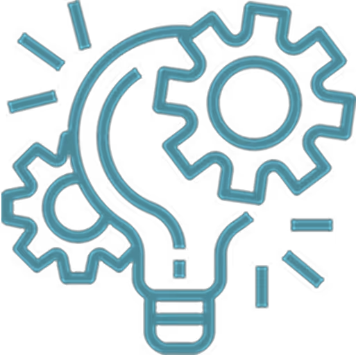 Symbol eines leuchtenden Glühbirnenmotivs mit zwei Zahnrädern, das Innovation und technische Ideen darstellt.