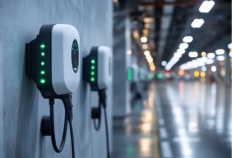Reihe von Elektroauto-Ladestationen mit grünen LED-Anzeigen an einer Betonsäule in einer modernen Tiefgarage.