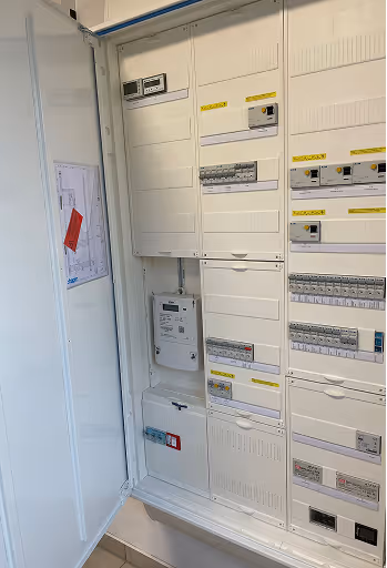 Geöffneter weißer Sicherungskasten mit mehreren Schaltern, Zählern und Beschriftungen an der Wand.