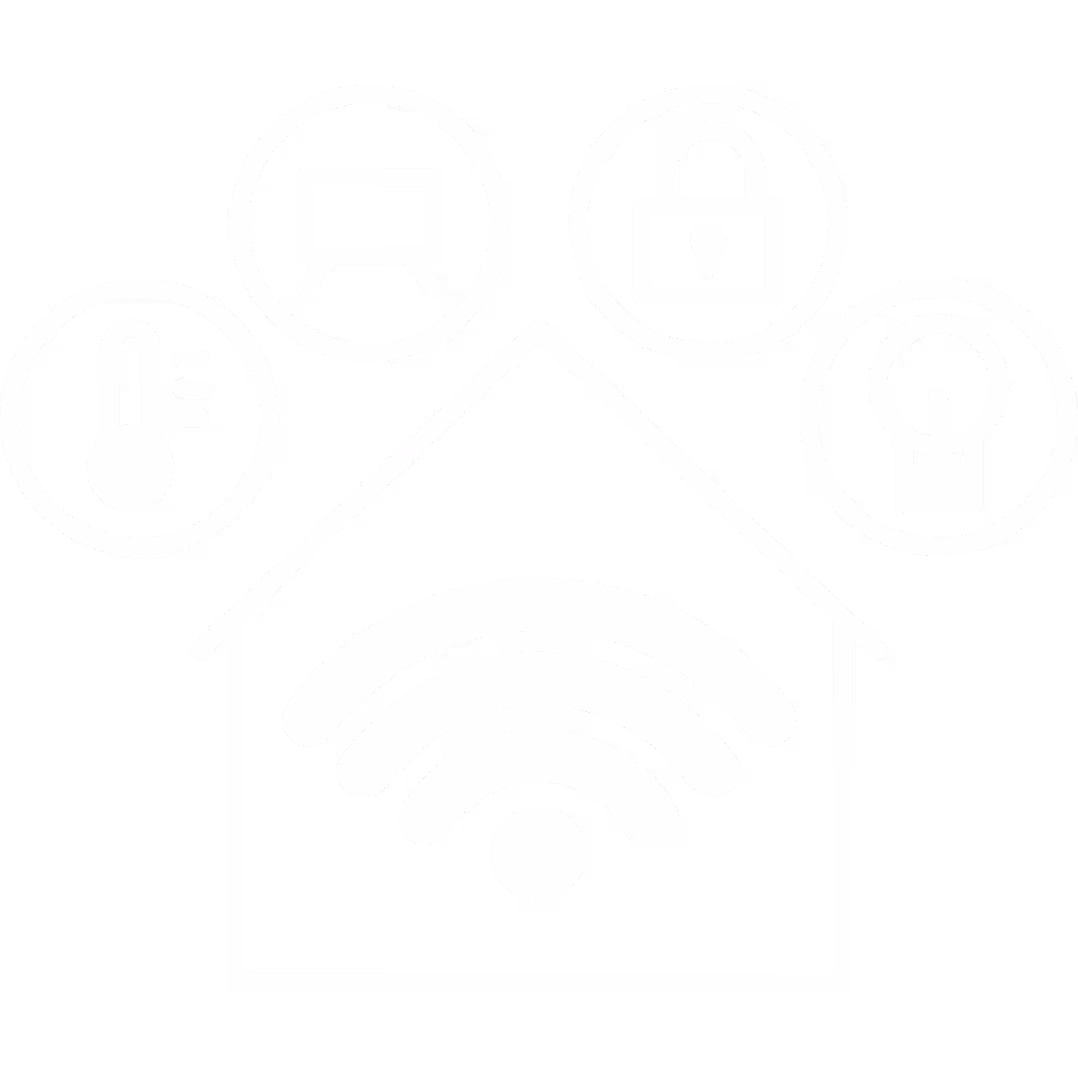 Haus mit WLAN-Symbol und Symbolen für Temperatur, Fernsehen, Sicherheitsschloss und Licht, die intelligente Haussteuerung darstellen.