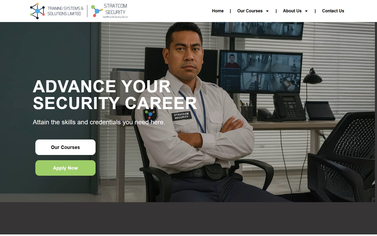 Stratcom Security website homepage with the headline Advance Your Security Career