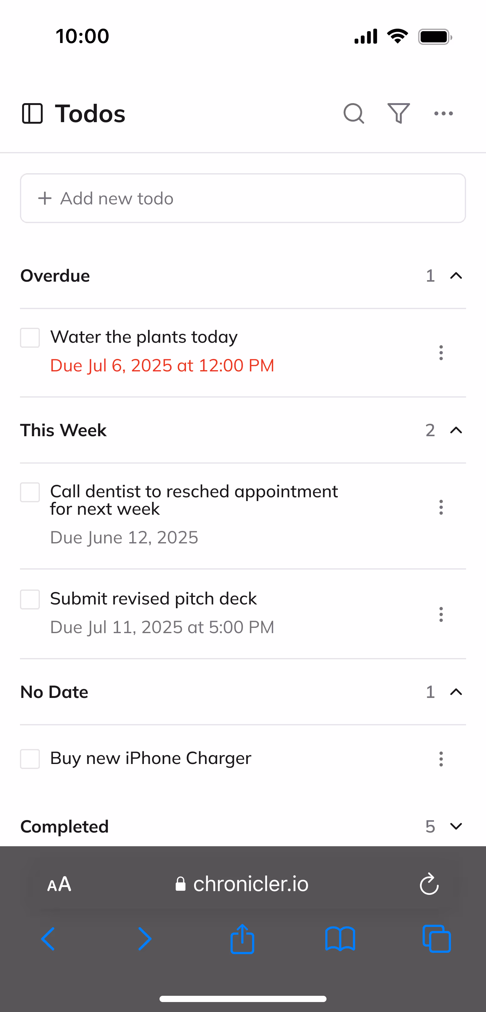 A screenshot of the Todos page in the Chronicler webapp. Todos are separated into different accordions: Overdue, This Week, No Date, and Completed.