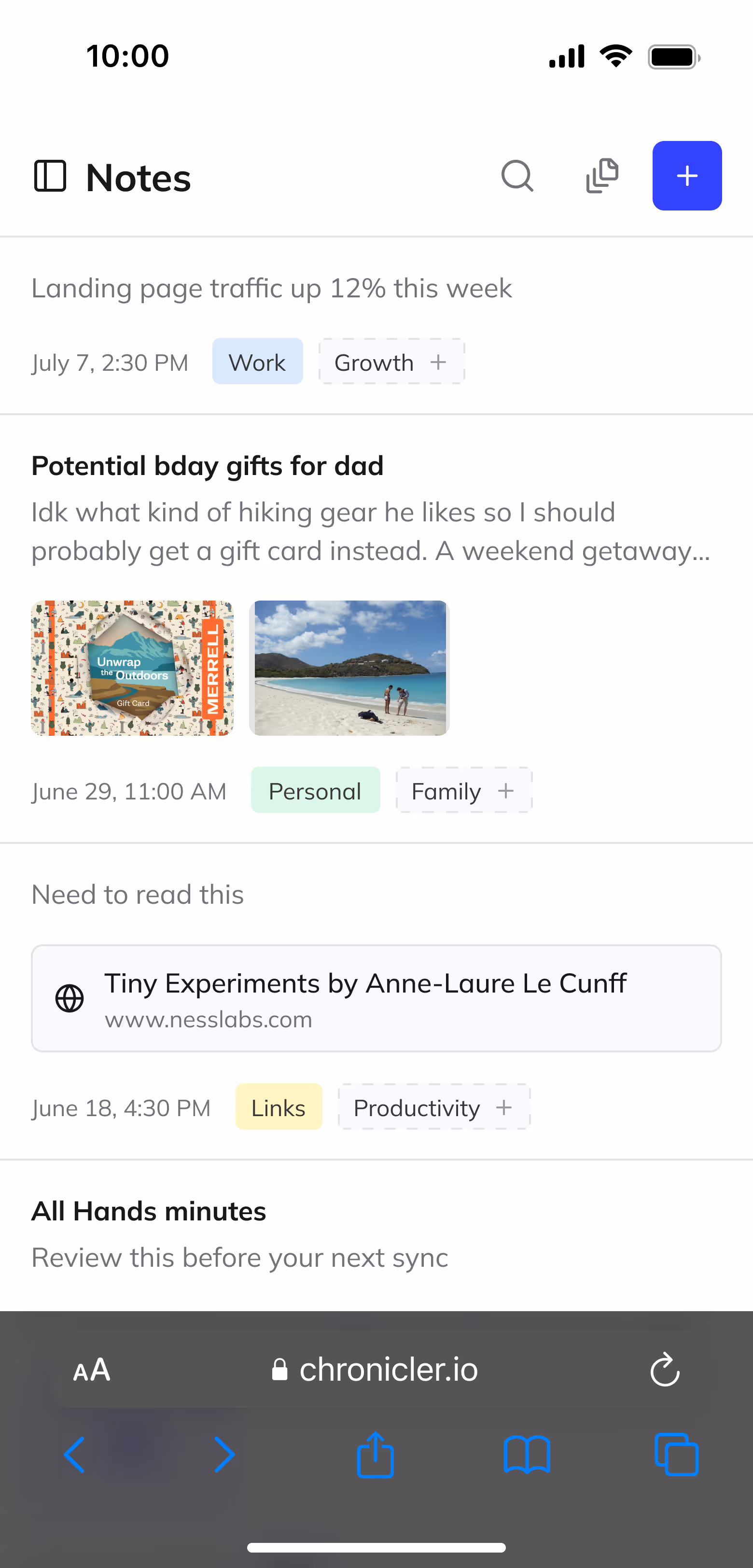 A screenshot of the Notes page in the Chronicler web app. There are notes like "Landing page up 12% this week" and "Potential bday gifts for dad"