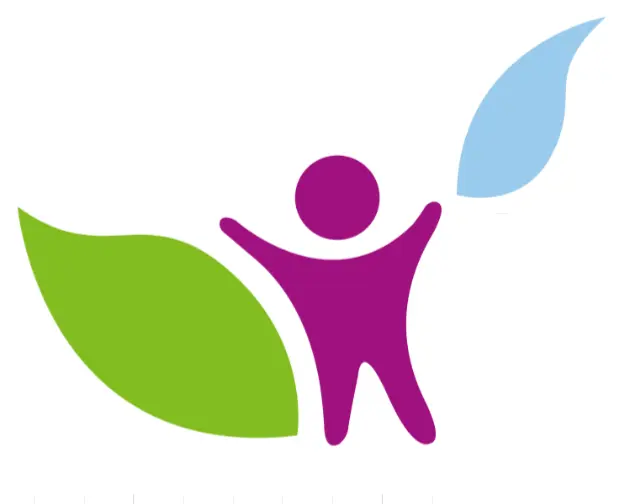 Care Plus Group logo, an abstract figure with raised arms in purple between a large green leaf on the left and a smaller blue leaf on the right.