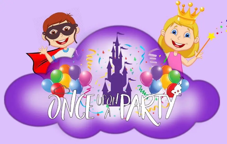 Colorful logo featuring a purple castle inside a bubble with balloons and confetti, flanked by a boy in a superhero mask and cape on the left and a girl with a crown and magic wand on the right, with the text 'Once Upon A Party' below.