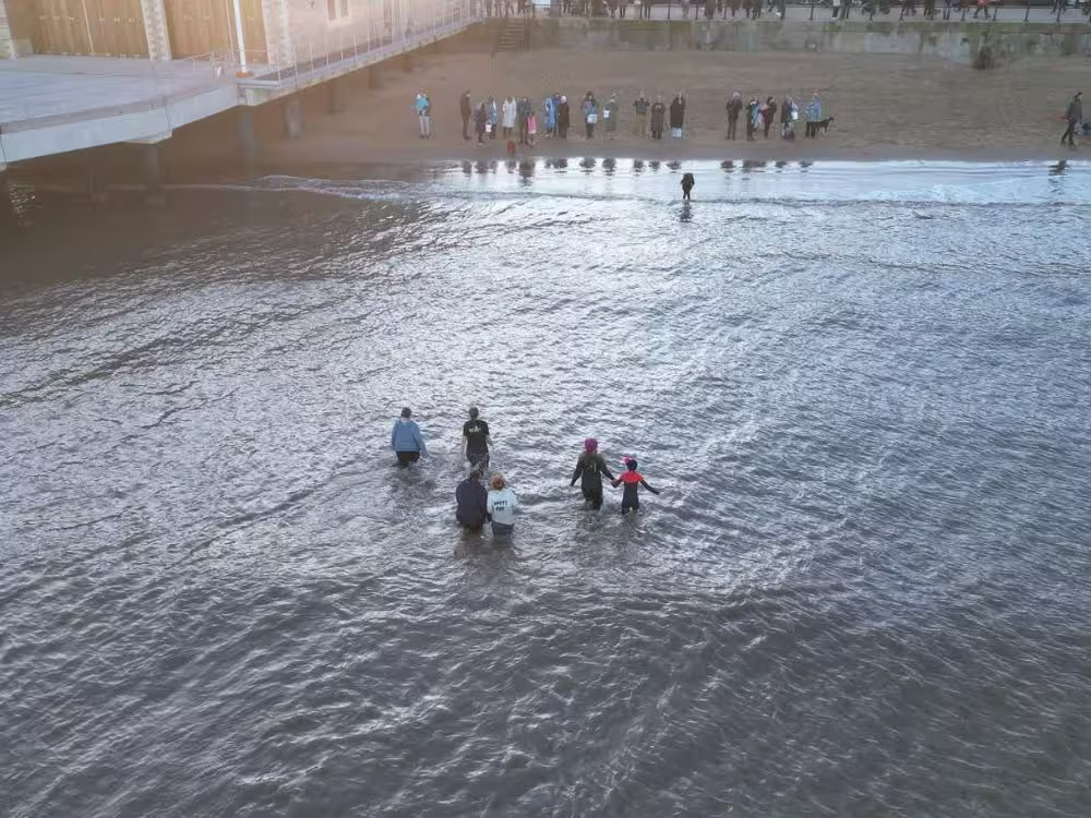 Aerial view of participants wading into the sea from the beach.