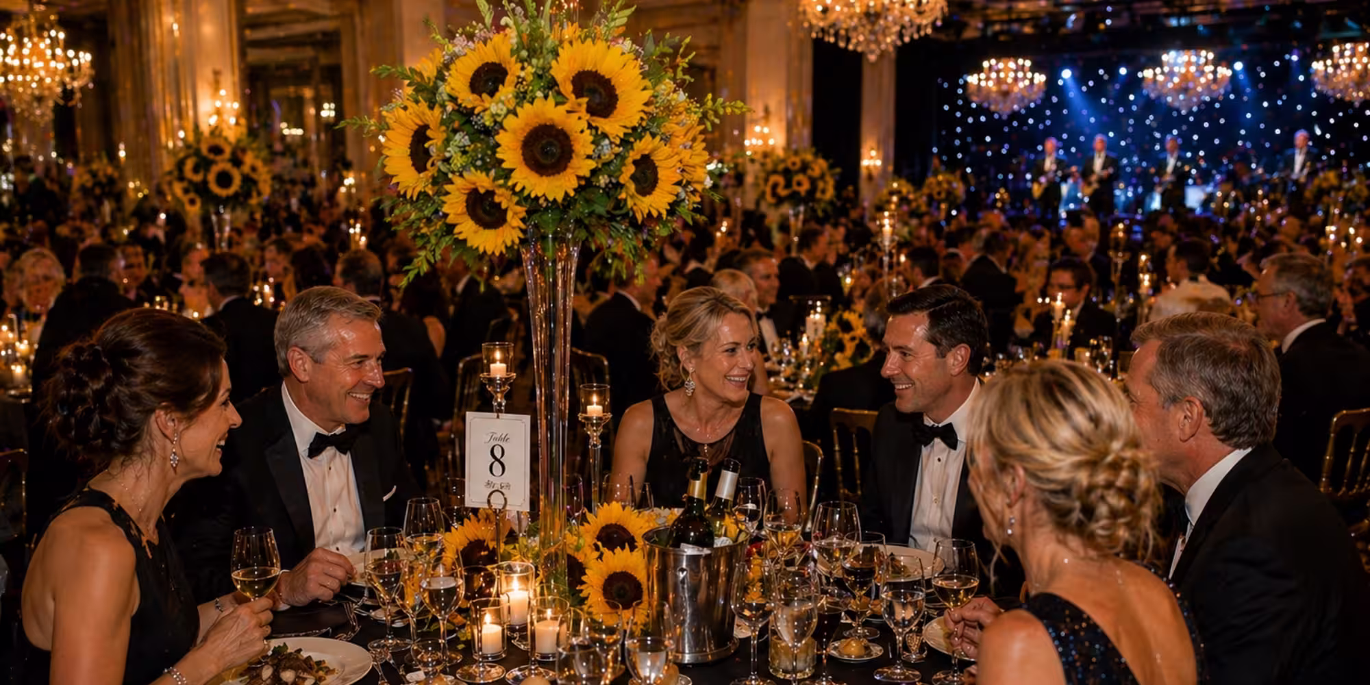 Guests enjoying a candlelit dinner with sunflower centrepieces at the Sunflowers Charity Ball