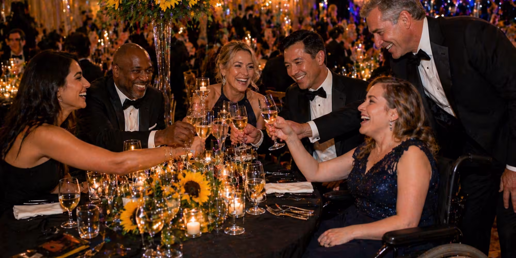 Guests enjoying a candlelit dinner with sunflower centrepieces at the Sunflowers Charity Ball