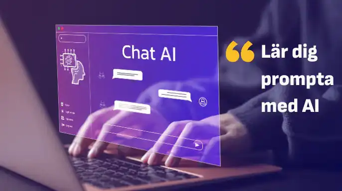 AI-genererad bild med två händer som knappar på en dator med texten "Lär dig prompta med AI" till höger.