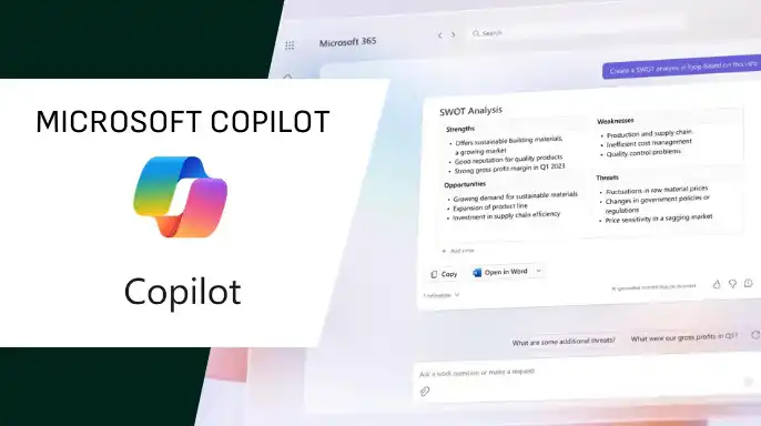 En presentationsbild för Microsoft Copilot, med texten 'Microsoft Copilot' och logotypen i färgglada nyanser till vänster. Till höger visas ett användargränssnitt från Microsoft 365 där Copilot har genererat en SWOT-analys med rubrikerna Strengths, Weaknesses, Opportunities och Threats.
