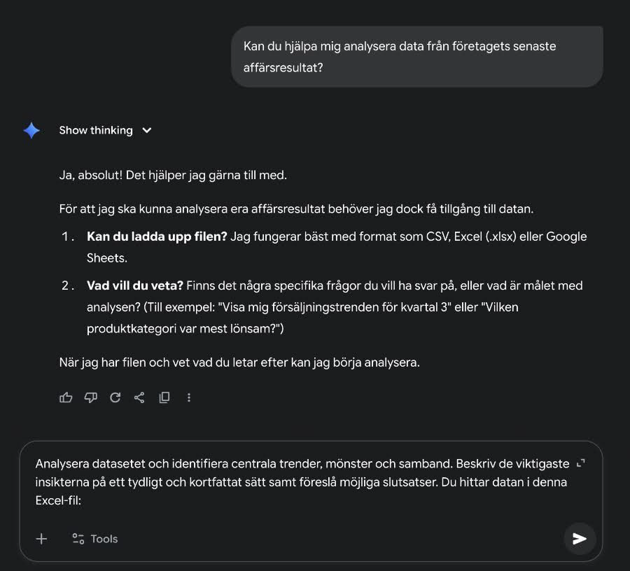 En AI-konversation på svenska där en användare ber om hjälp med att analysera affärsdata. AI:n frågar efter en fil och vad användaren vill veta, varpå användaren skriver en prompt för att analysera en Excel-fil för trender och insikter.
