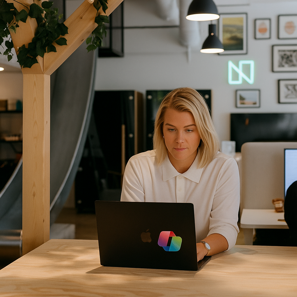 En kvinna sitter vid ett ljust träbord i ett modernt kontorslandskap och arbetar fokuserat på en laptop med färgglad logotyp. Gröna växter och varm belysning ramar in miljön, som har en skandinavisk och kreativ känsla.