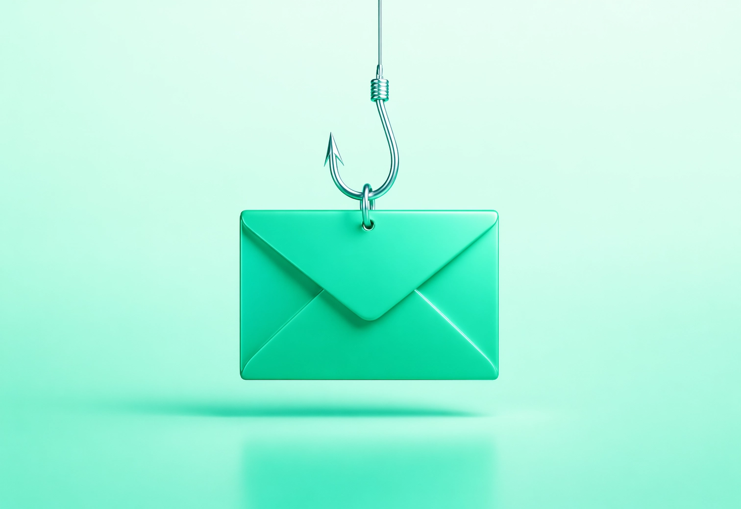 Ett stilrent, ljusgrönt e‑postkuvert i centrum där en diskret fiskekrok vilar ovanpå, vilket symboliserar phishing i en modern och minimalistisk design.