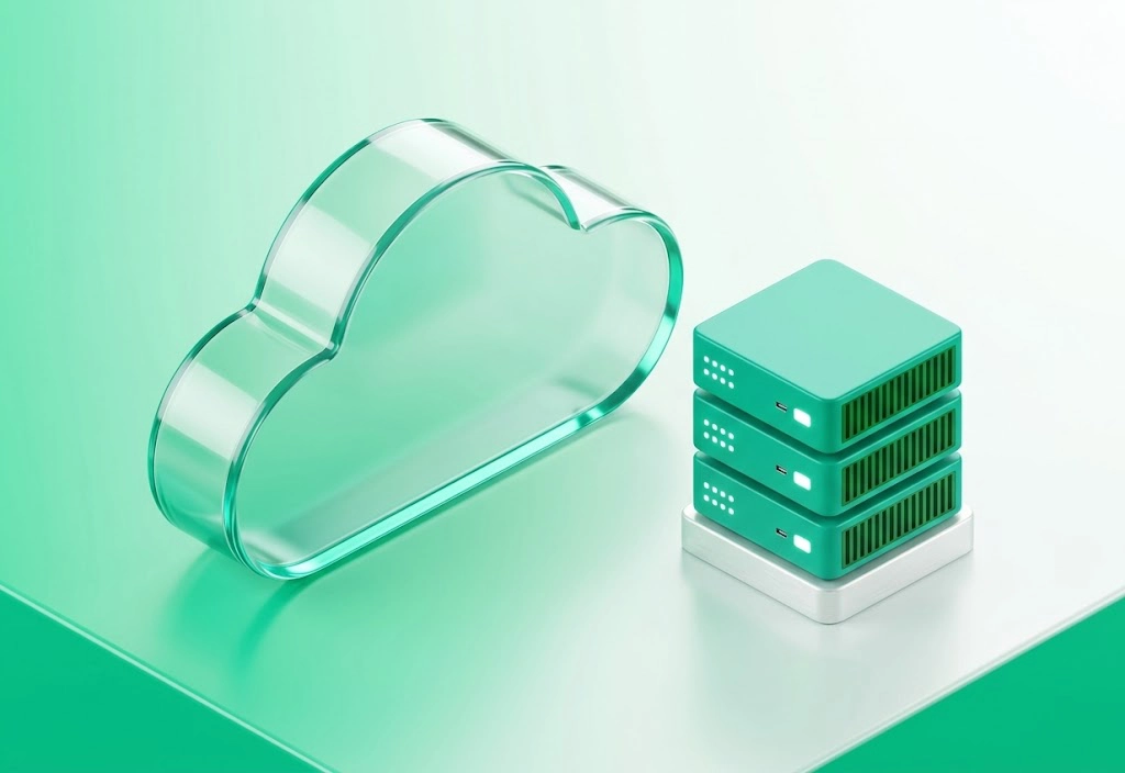 Illustration av en transparent molnsymbol bredvid tre gröna servrar, som symboliserar molnbaserad backup och datalagring.