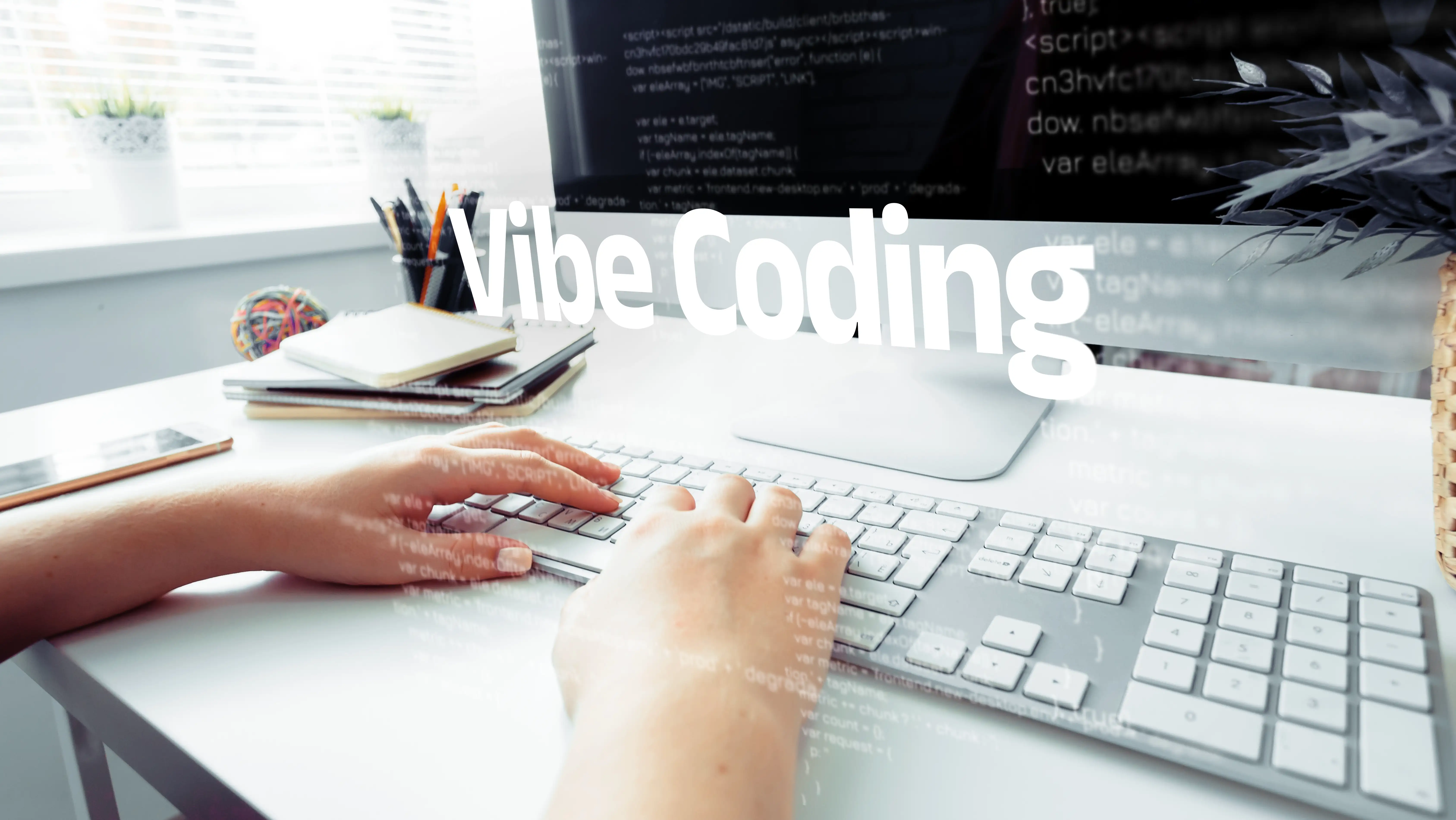 Person som skriver kod vid en dator, med programmeringskod och texten ”Vibe Coding” över bilden – en illustration av vibe coding och AI-assisterad programmering.