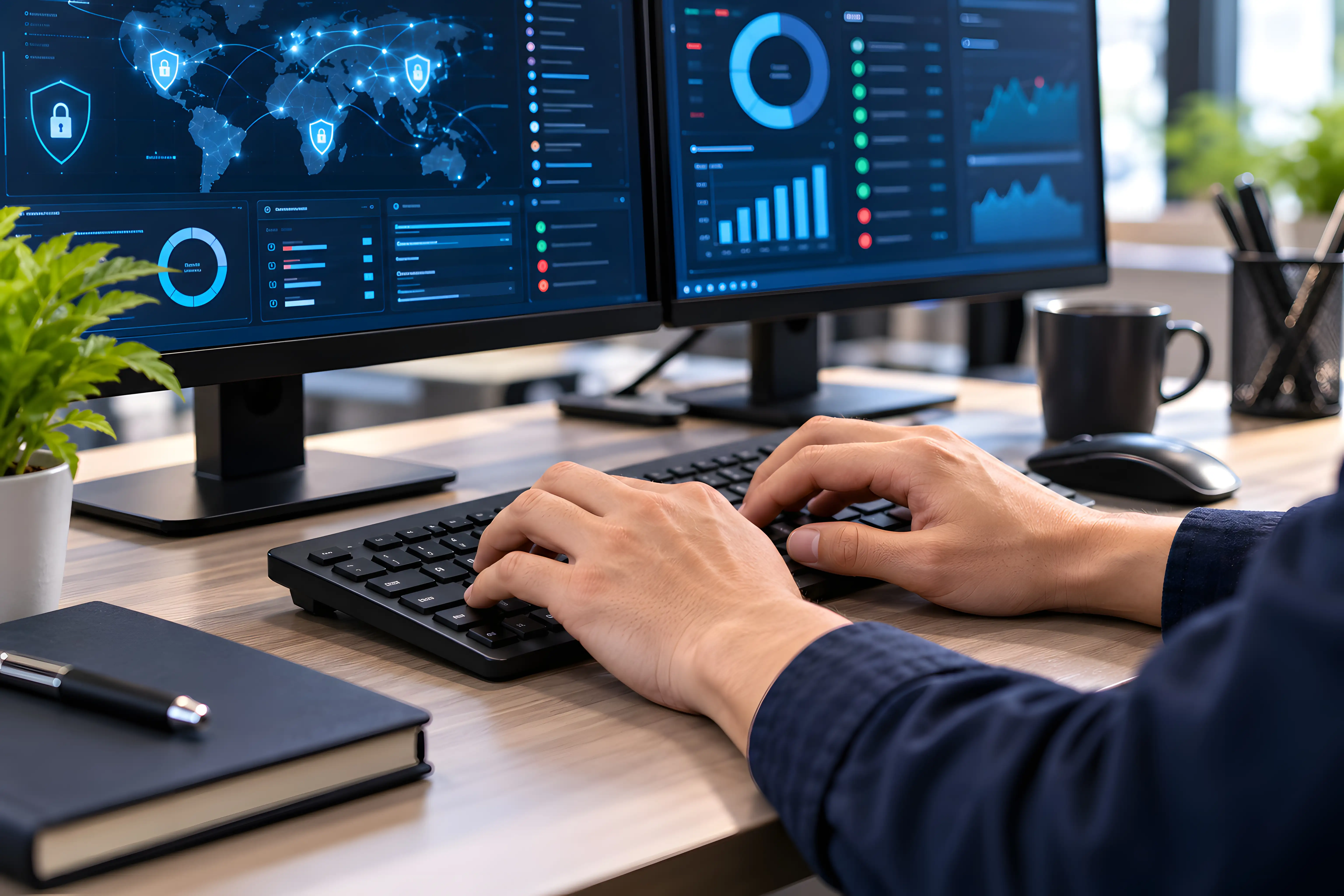 Cybersäkerhetsövervakning i ett SOC med säkerhetsdata och analyser på två skärmar, som illustrerar SOC som tjänst.