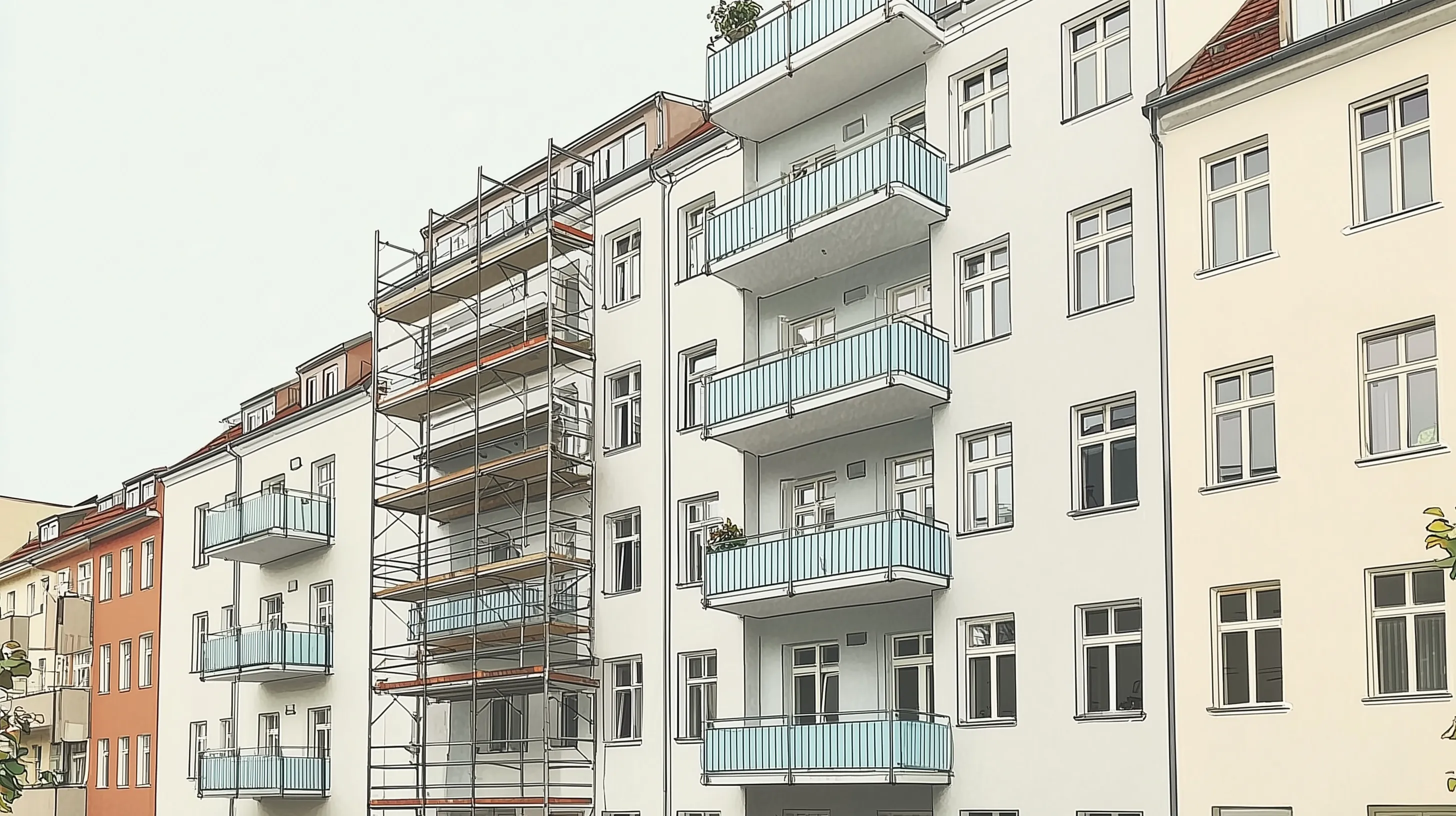 Illustration eines Baugerüsts an einem Altbau Mehrfamilienhaus zur Balkonsanierung