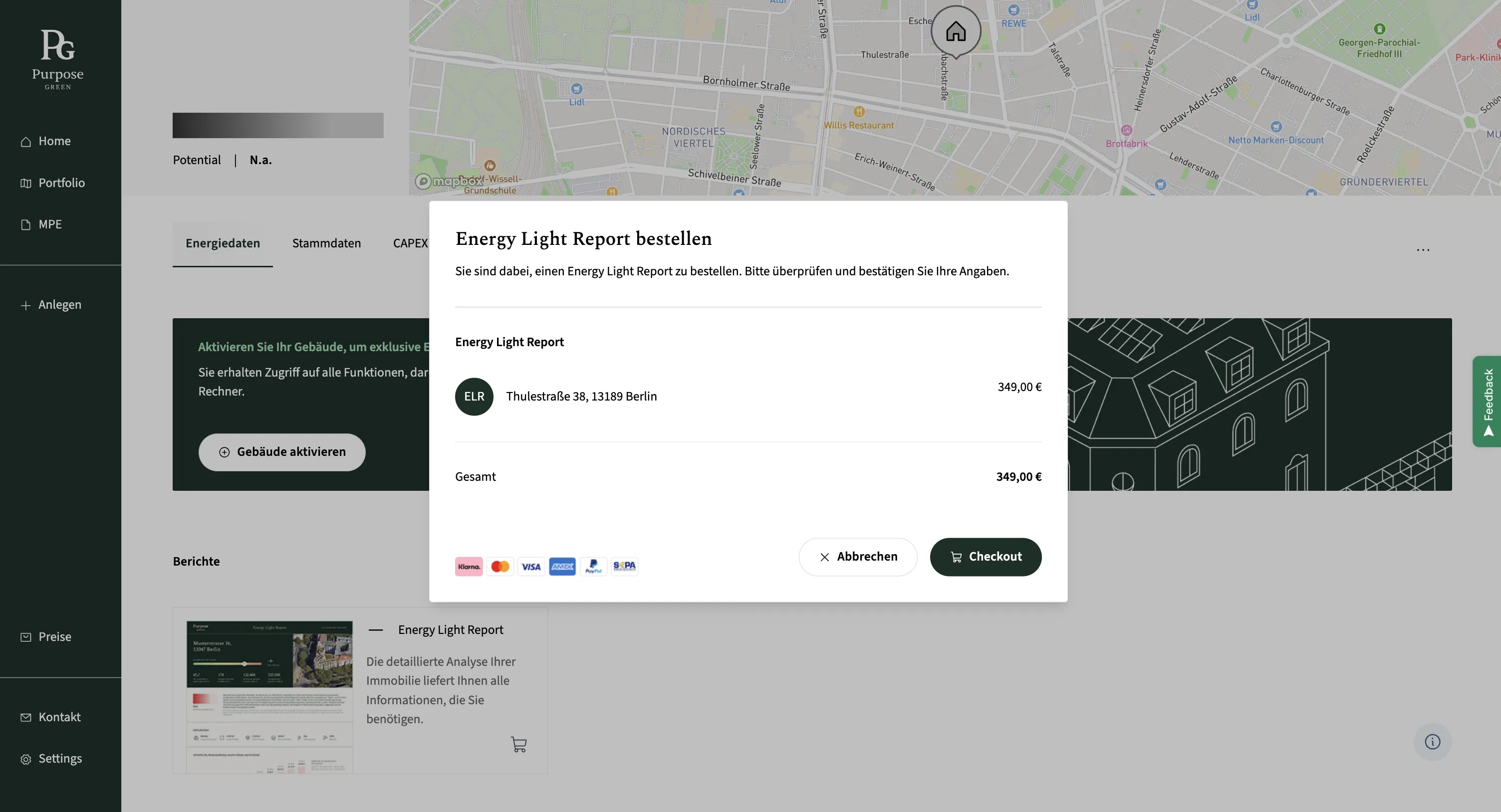 Screenshot des Green+ Portal-Dashboards von Purpose Green, das die Benutzeroberfläche für die Erstellung und Verwaltung von Energy Light Reports zeigt, mit übersichtlicher Navigation und Immobilienübersicht.