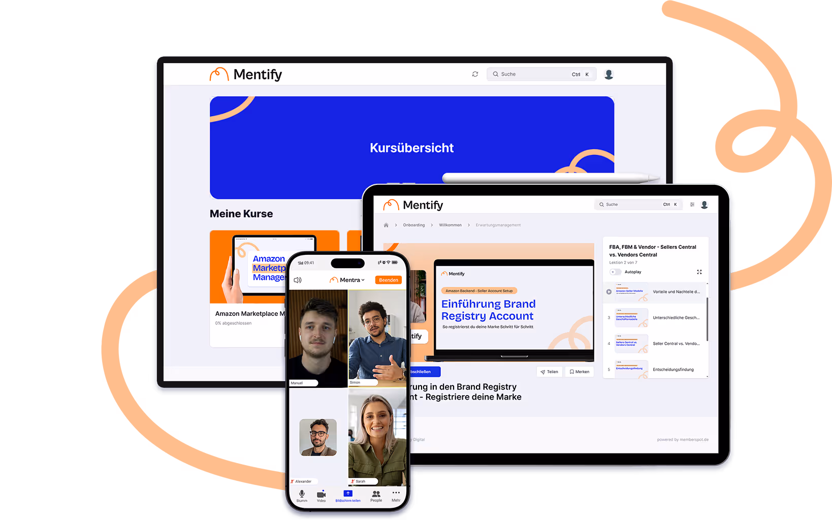 Verschiedene Mentra-Aspekte auf unterschiedlichen Geräten. Ein Desktop-Bildschirm mit der Kurs-Seite, ein iPad mit einer Präsentation und ein Smartphone mit einem Live-Call mit verschiedenen Personen