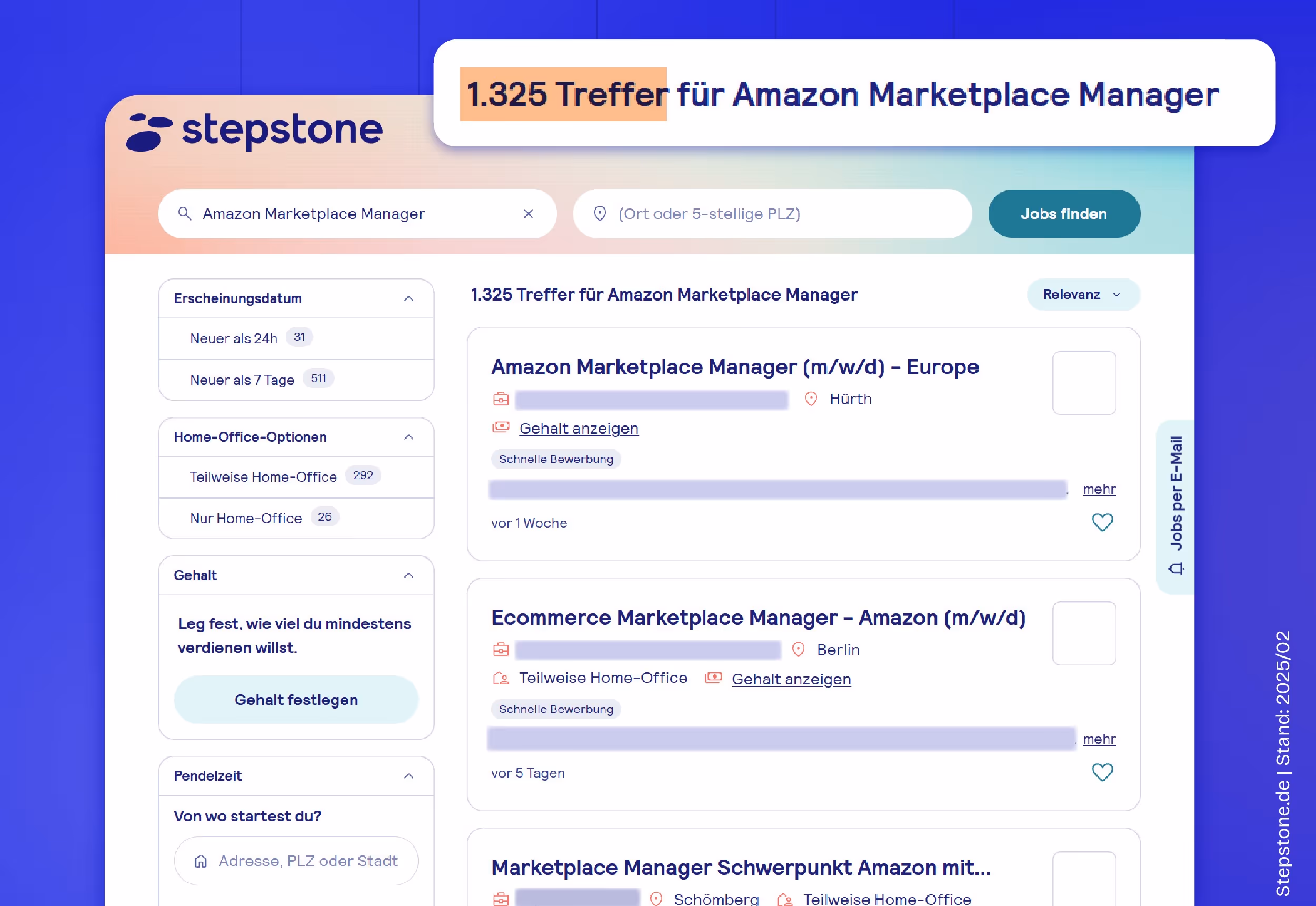Screenshot von der Jobplattform Stepstone mit 1.325 Treffern für "Amazon Marketplace Manager"