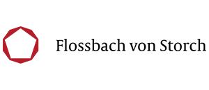 Flossbach von Storch Firmenlogo mit rotem, stilisiertem Fünfeck und schwarzem Schriftzug.