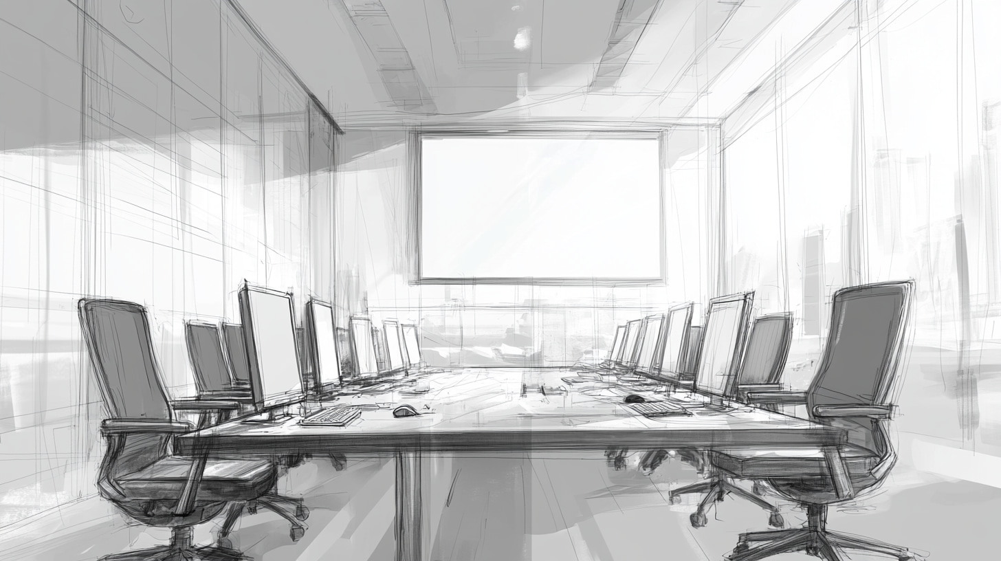 A digital illustration of a conference room with a long table and chairs that illustrates the concept of data governance for ai