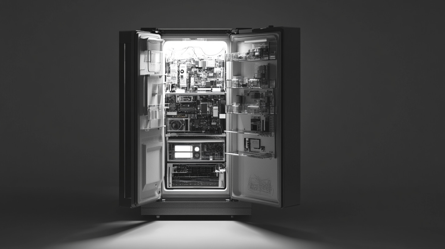 An image of a fridge with its doors open to reveal electronic components and computer hardware, which represents the “right ingredients” concept of data governance components in data engineering